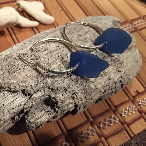 Cobalt Blue Sea Glass Hoop Earrings - Picture 1 of 4